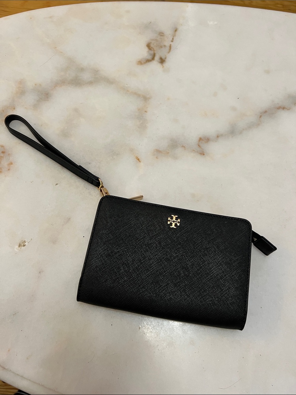 Tory Burch Black Saffiano Leather Wristlet Clutch with Gold Logo